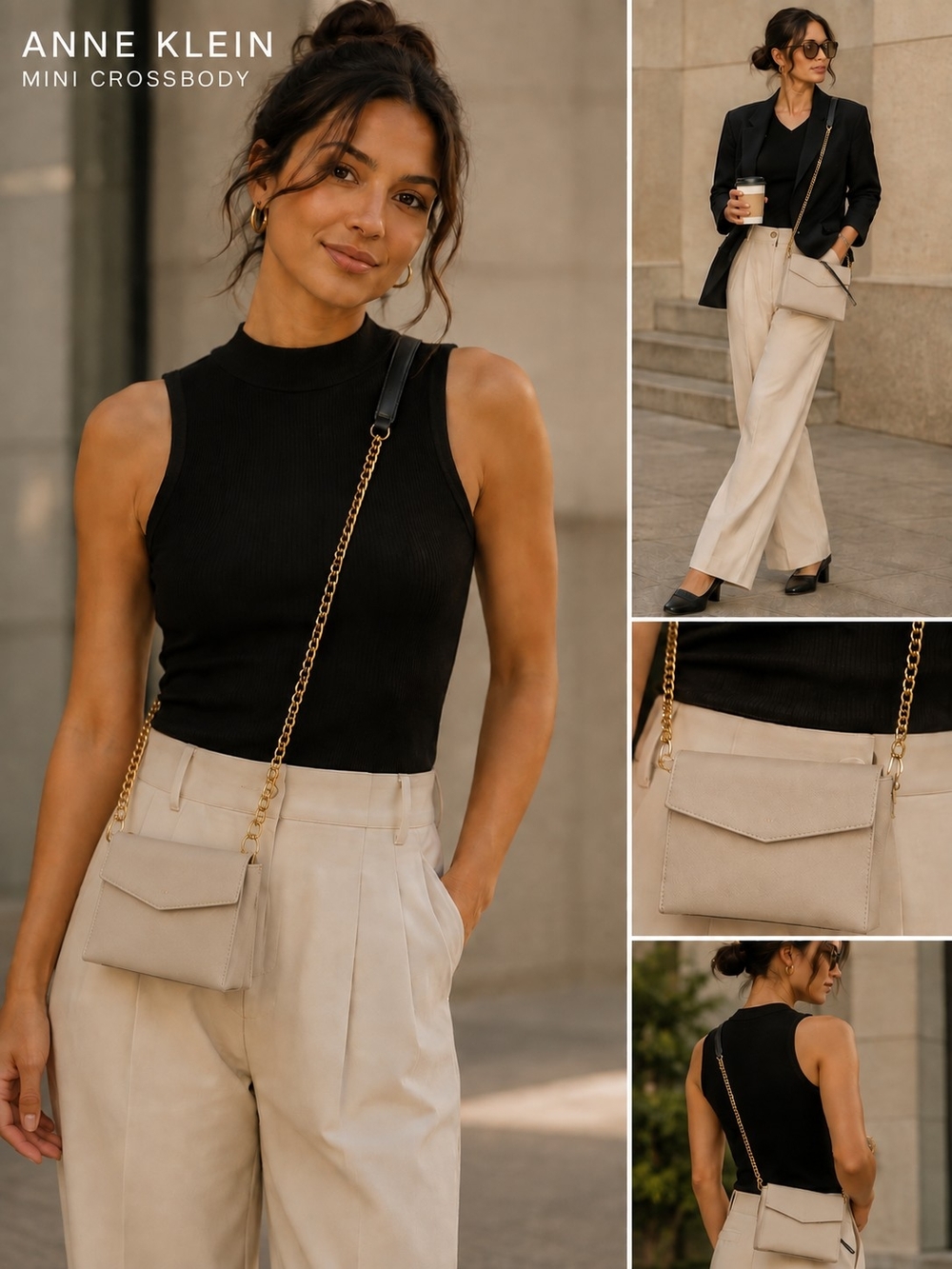 Anne Klein Beige Mini Crossbody Bag with Gold Chain